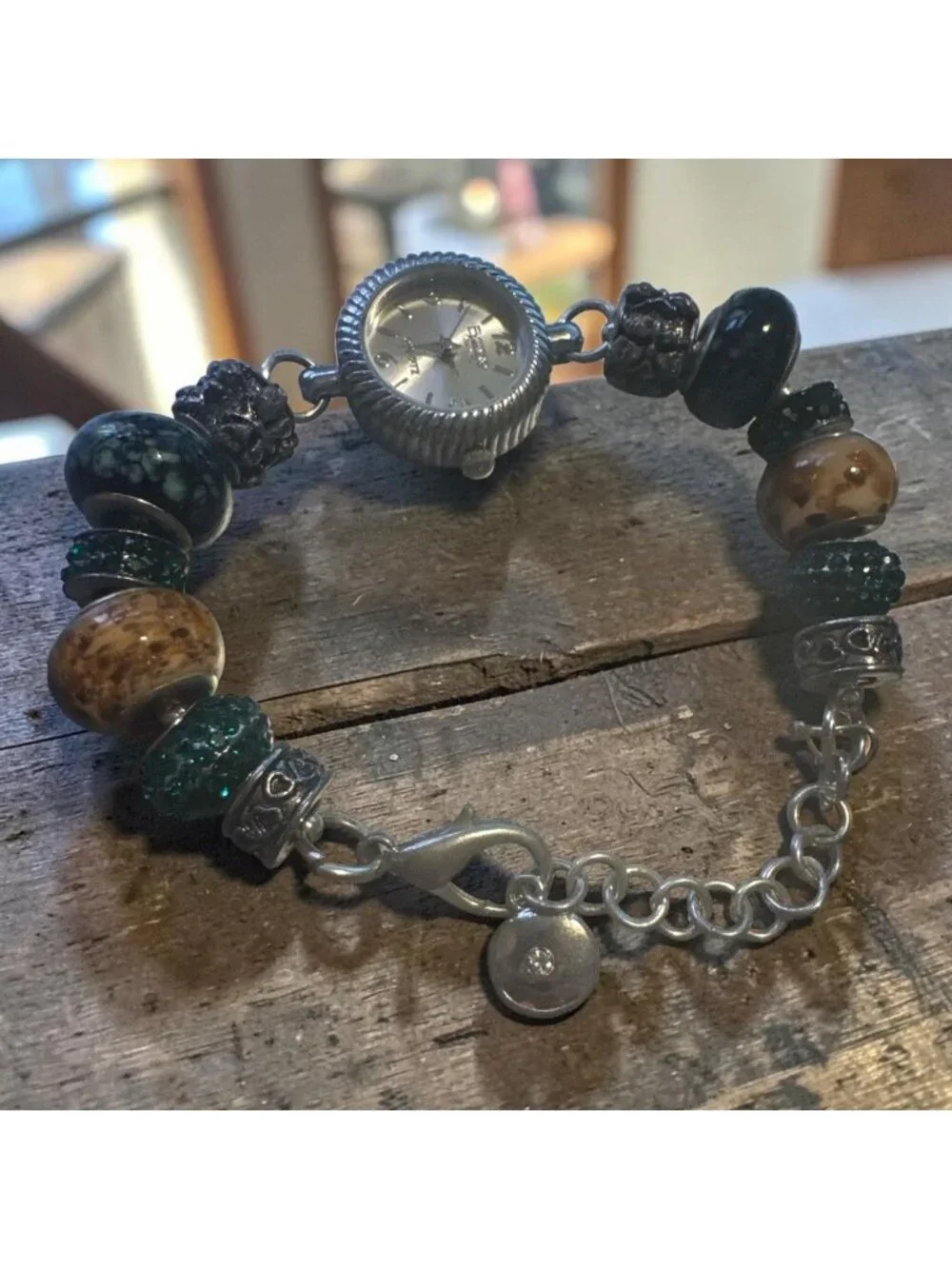 Beaded Wristwatch Bracelet With Quartz Movement & Adjustable Chain - Green Brown